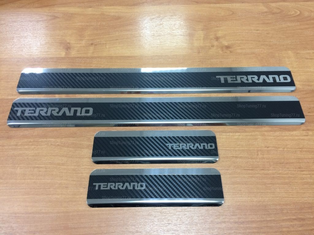 Накладки на пороги Nissan Terrano 2014- (нерж.сталь + КАРБОН) компл. 4шт.